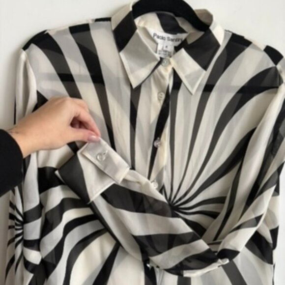 Paolo Santini 100% Silk Blouse Size 8 Black Cream Graphic Sheer Button-Up - Picture 2 of 10